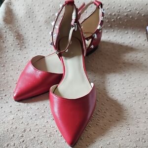 Marc Fisher Red Pointed-Toe Ankle-Strap Studded Flats Size 8.5